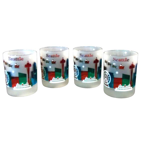 Culver Set (4) ROCKS GLASSES Christmas Holiday Seattle Skyline Space Needle
